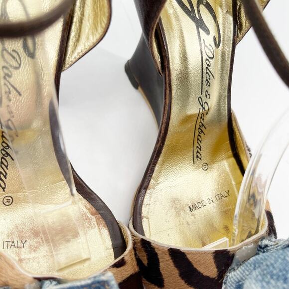 Dolce & Gabbana Vintage y2k Leopard Calf Hair Denim Flower Wedge Sandal IT 38.5 - Picture 9 of 12